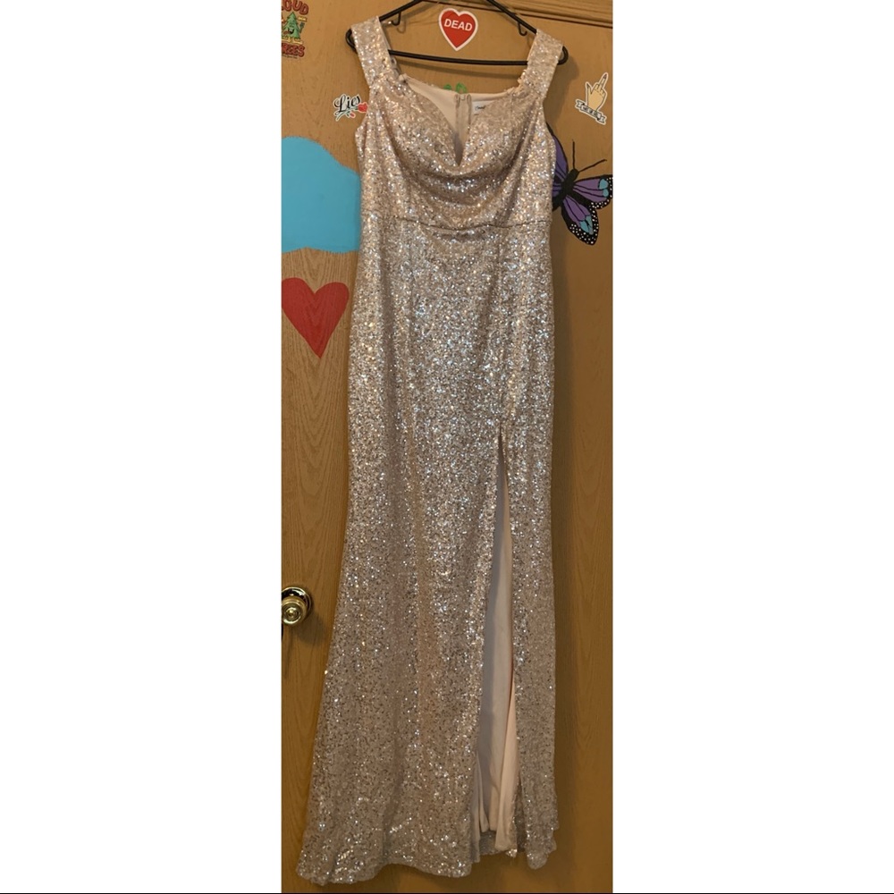 long rose gold sequin prom dress.